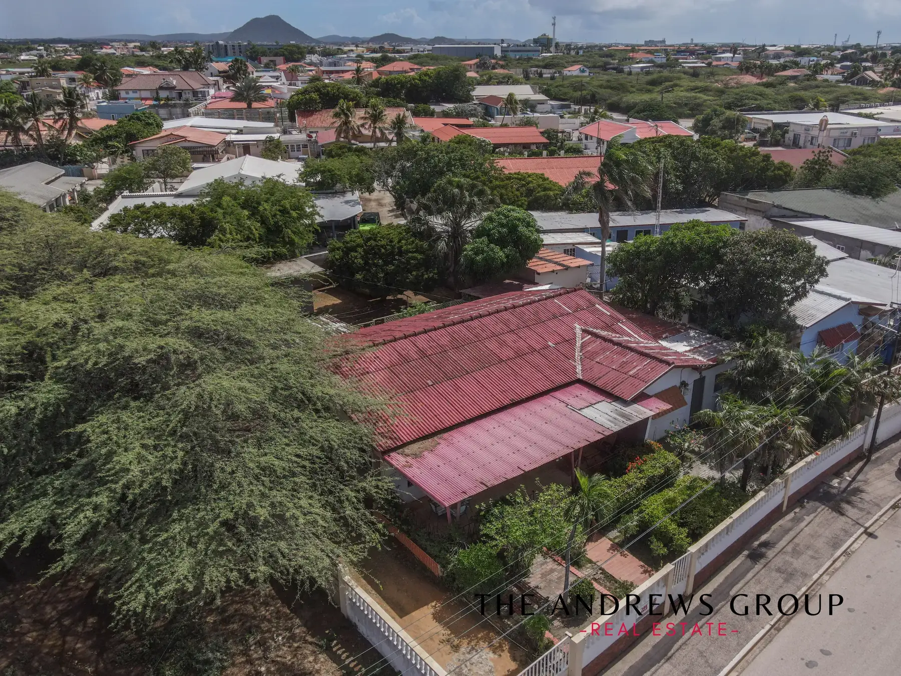 Aerial view of the parcel: the red-roofed house and the detached apartment inside their walled plot, mature trees along one boundary, and the rooftops of Companashi beyond.