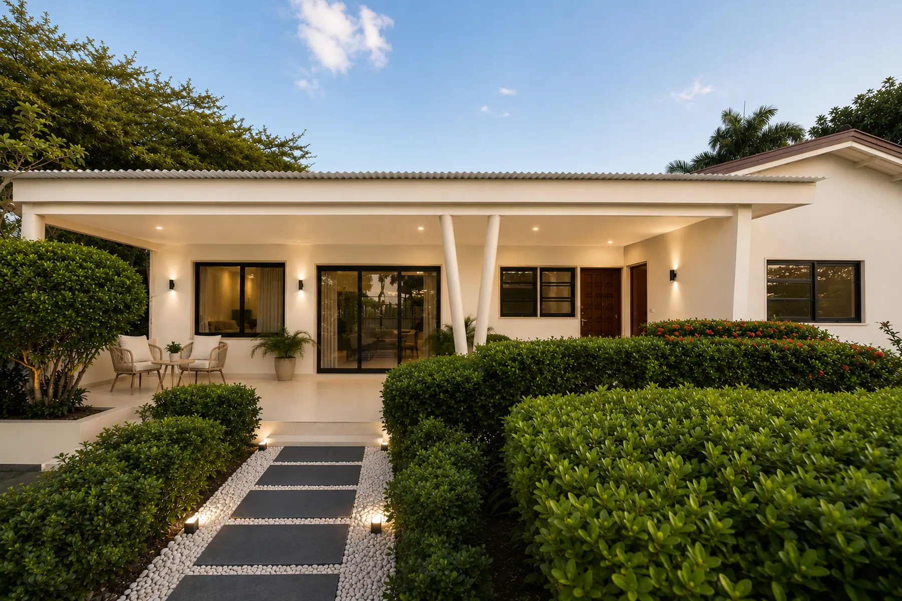 A visualisation of the front elevation after renovation: walls and posts in pale cream, black window frames, recessed downlights in the veranda soffit, wall lights, clipped hedging, and a stepping-stone path through white pebbles, lit at dusk.
