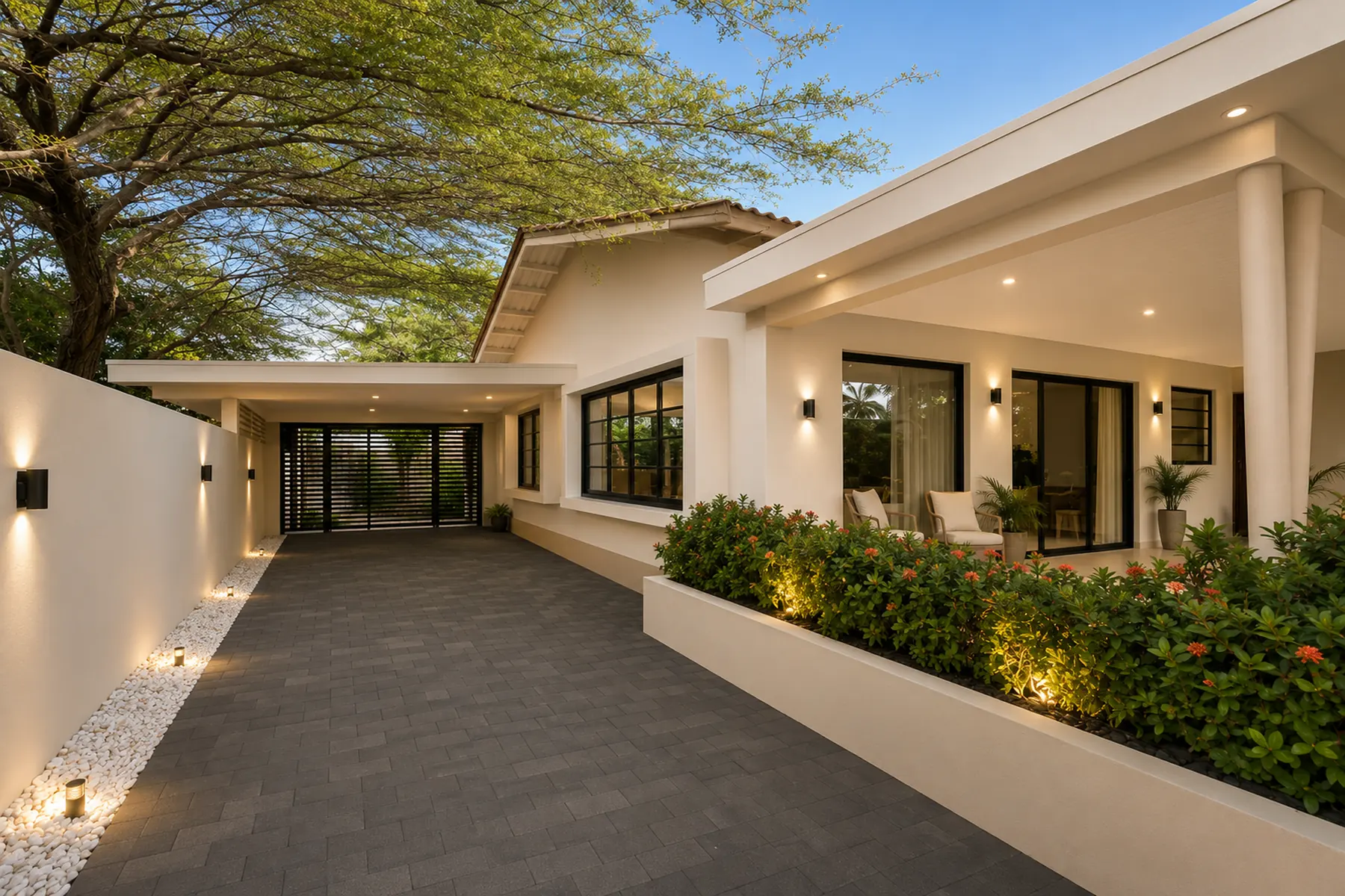 A visualisation of the carport side after renovation: walls in pale cream, black window frames, a slatted carport gate, downlights in the veranda soffit, wall lights along a rendered boundary wall, a dark paved drive edged in white pebbles, and lit planting beds, at dusk.