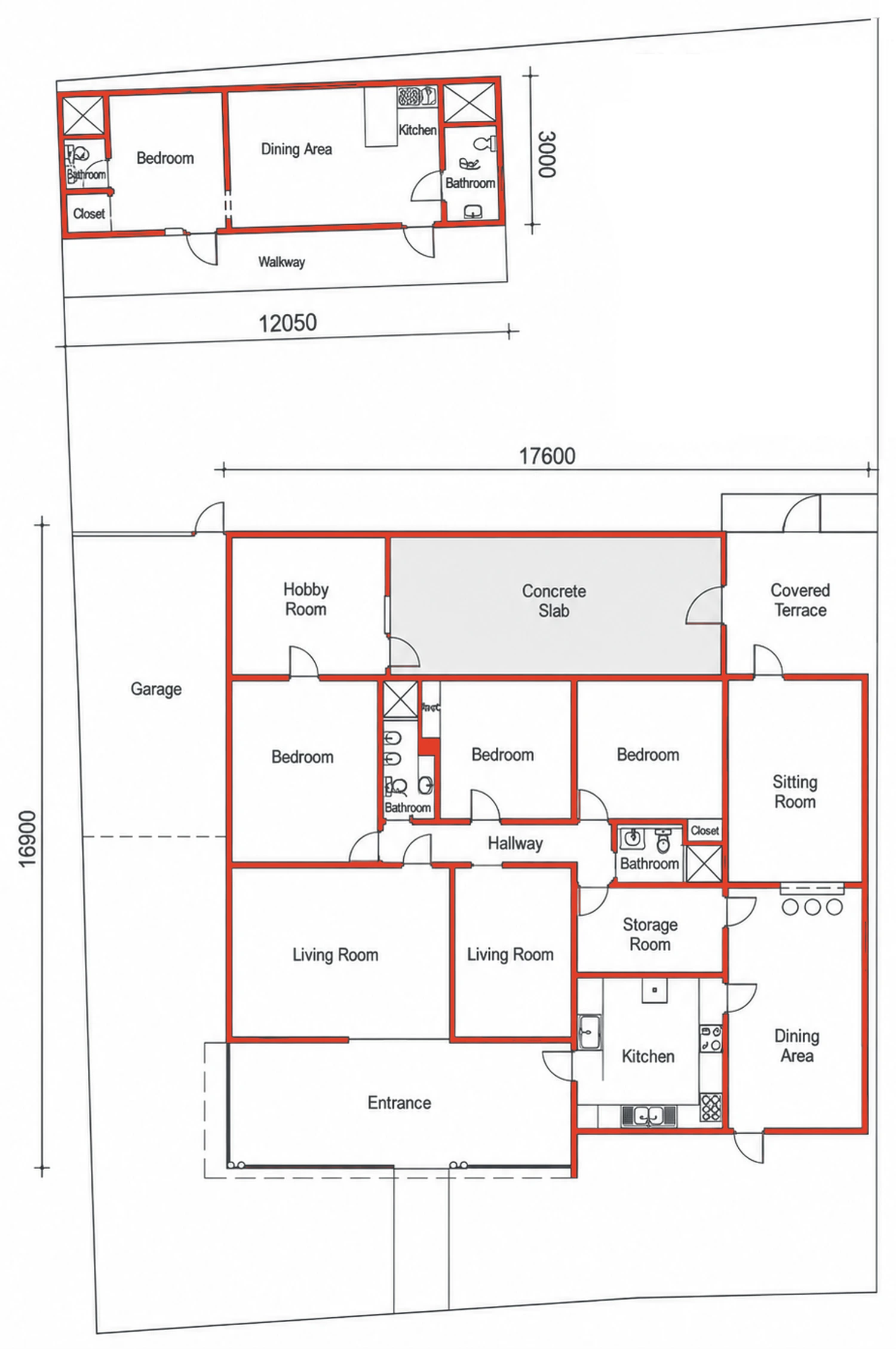 Floor plan showing the detached apartment above — bedroom, dining area, kitchen, two bathrooms and a walkway — and the main house below, with garage, hobby room, concrete slab, three bedrooms, two bathrooms, hallway, sitting room, two living rooms, storage room, kitchen, dining area, entrance and covered terrace.
